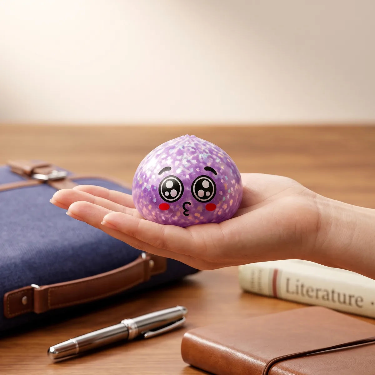Hand holding an 8.5 cm mystery puppy eyed dumpling squishy to show its size
