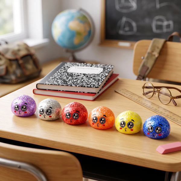 Mystery puppy eyed dumpling squishies arranged in a back to school desk scene