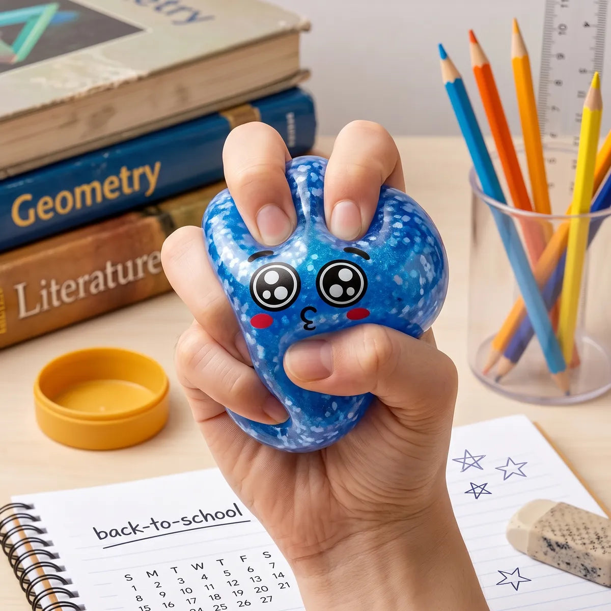 Hand squeezing a mystery puppy eyed dumpling squishy to show its slow rise