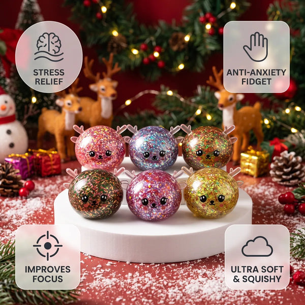 Twinkling Mystery Reindeer Dumpling Squishy infographic: stress relief, ultra soft and squishy, anti-anxiety fidget, improves focus