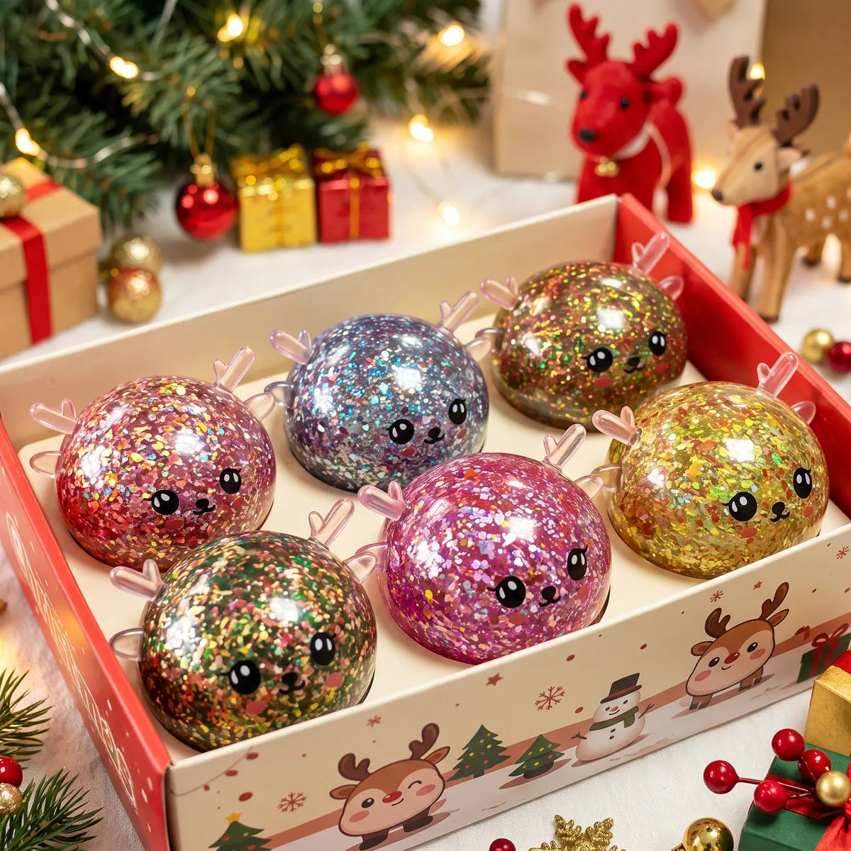 Six Twinkling Mystery Reindeer Dumpling Squishy pieces in a festive display box