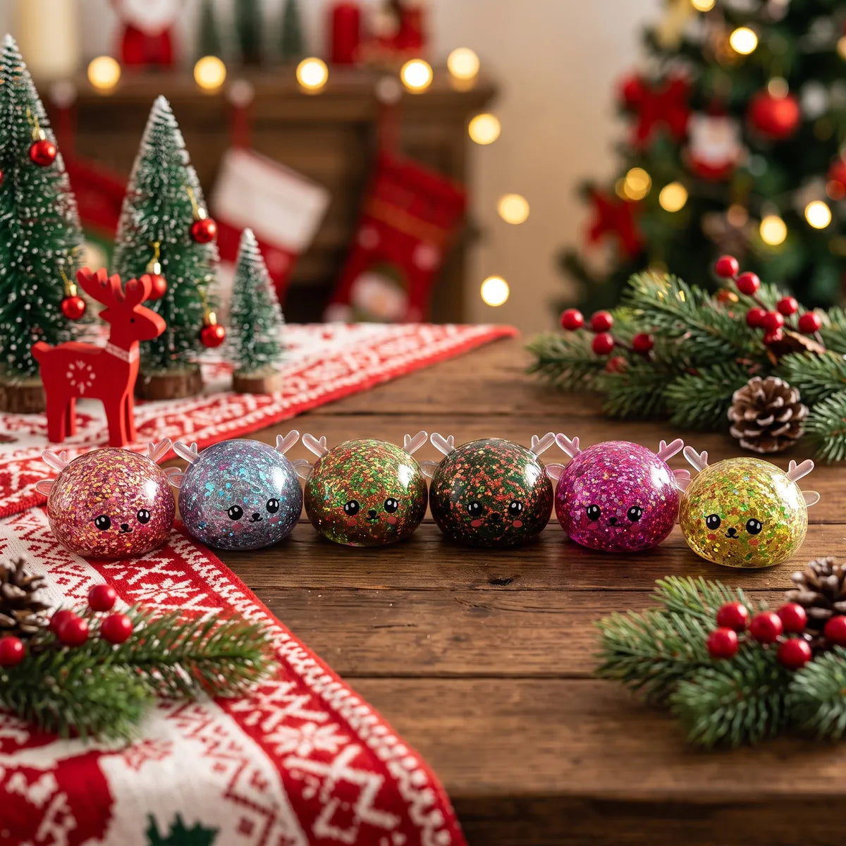 All six Twinkling Mystery Reindeer Dumpling Squishy glitter colours lined up on a festive table