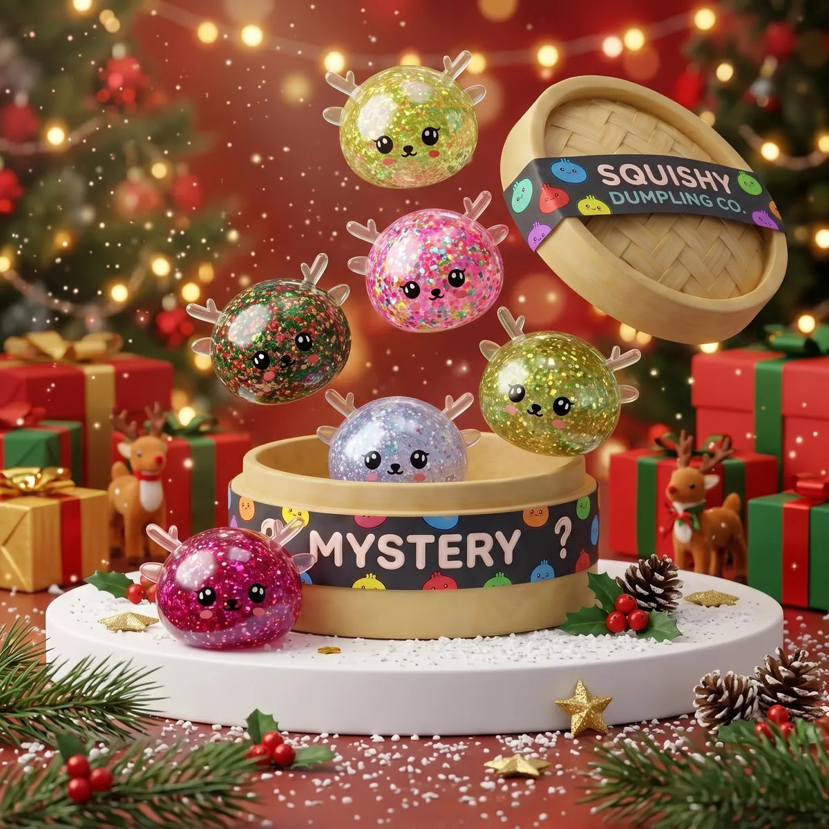 Twinkling Mystery Reindeer Dumpling Squishy designs bursting from a mystery steamer box
