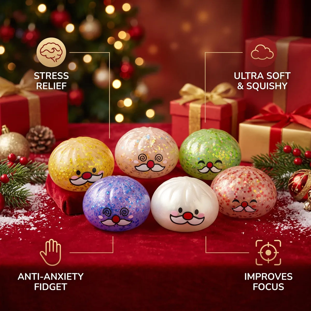 Cheery Mystery Santa Mustache Dumpling Squishy infographic: stress relief, ultra soft and squishy, anti-anxiety fidget, improves focus