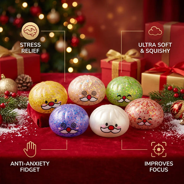 Cheery Mystery Santa Mustache Dumpling Squishy infographic: stress relief, ultra soft and squishy, anti-anxiety fidget, improves focus