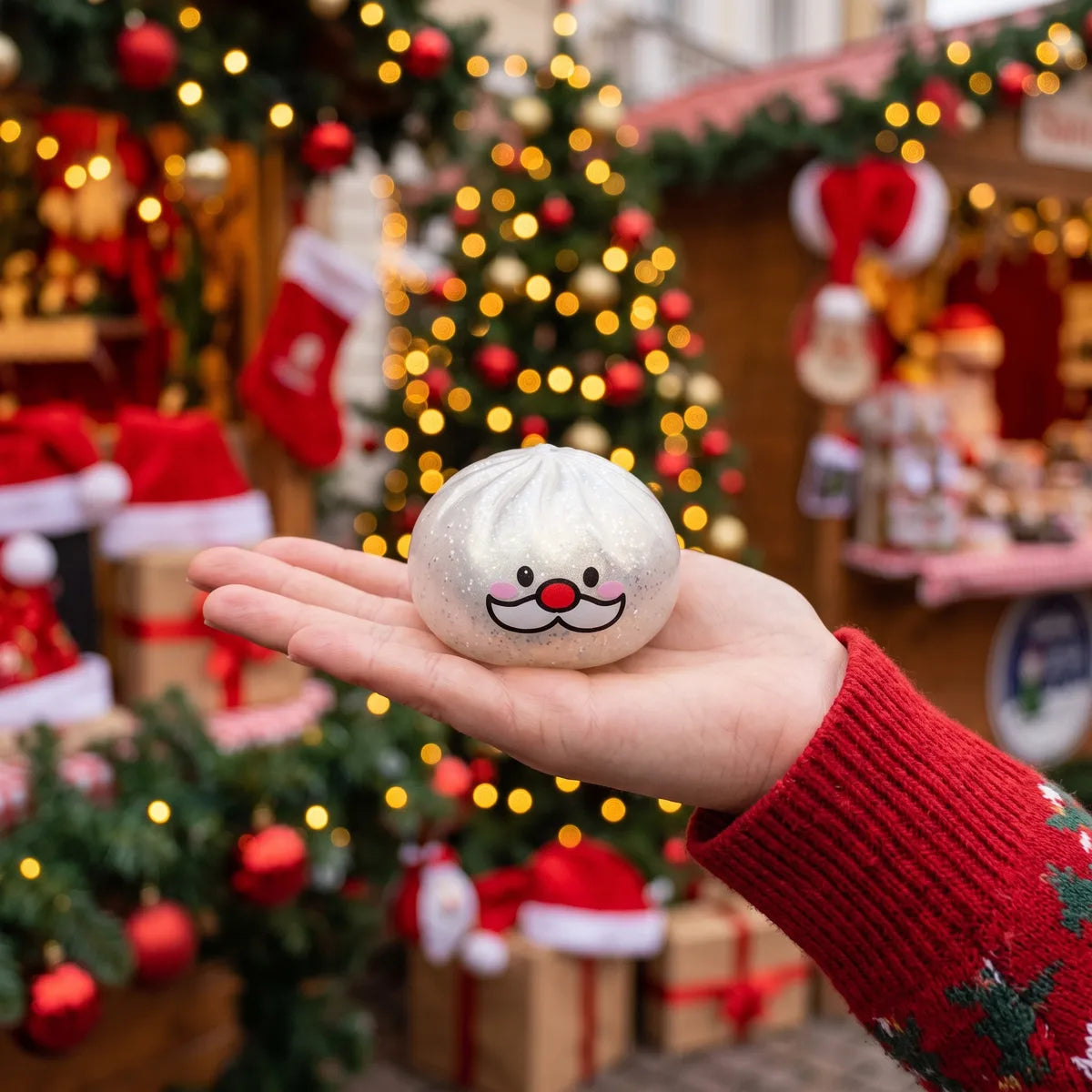 Cheery Mystery Santa Mustache Dumpling Squishy resting on an open palm to show its real size