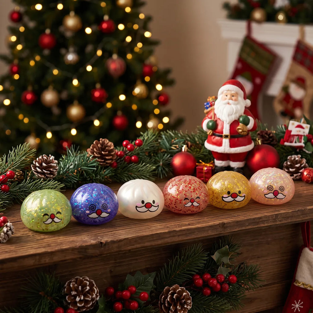 All six Cheery Mystery Santa Mustache Dumpling Squishy colours lined up on a festive table