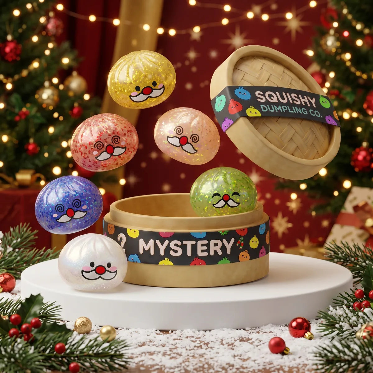 Cheery Mystery Santa Mustache Dumpling Squishy designs bursting from a mystery steamer box