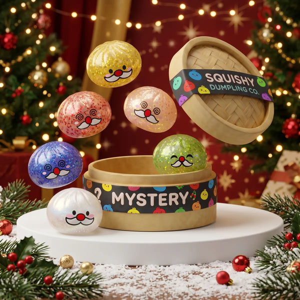 Cheery Mystery Santa Mustache Dumpling Squishy designs bursting from a mystery steamer box