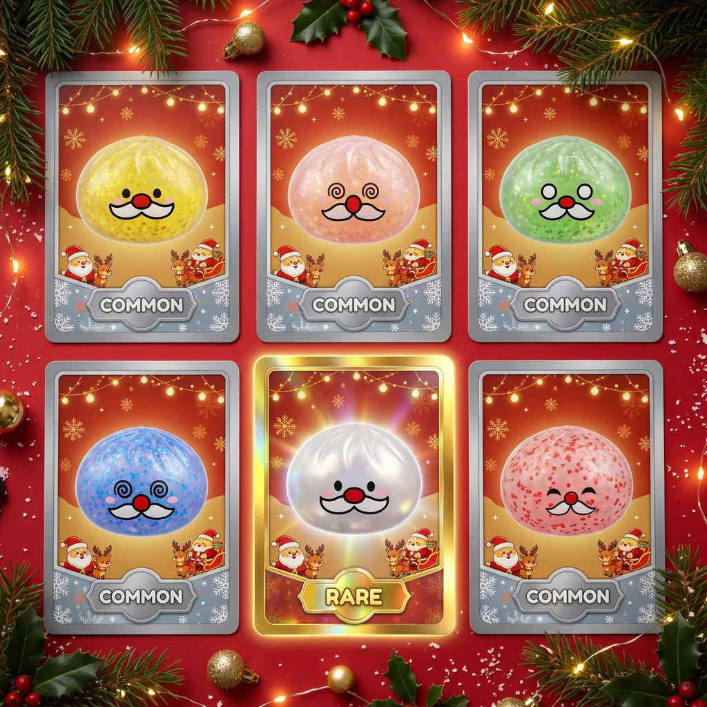 Cheery Mystery Santa Mustache Dumpling Squishy collector cards showing every design and the rare pull