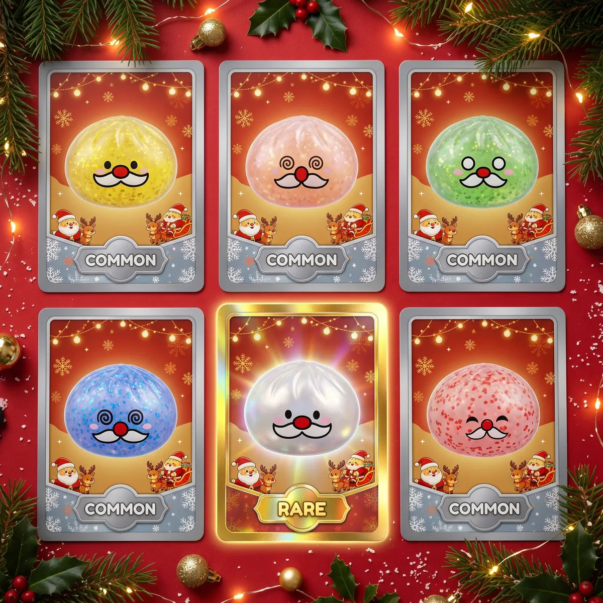 Cheery Mystery Santa Mustache Dumpling Squishy collector cards showing every design and the rare pull