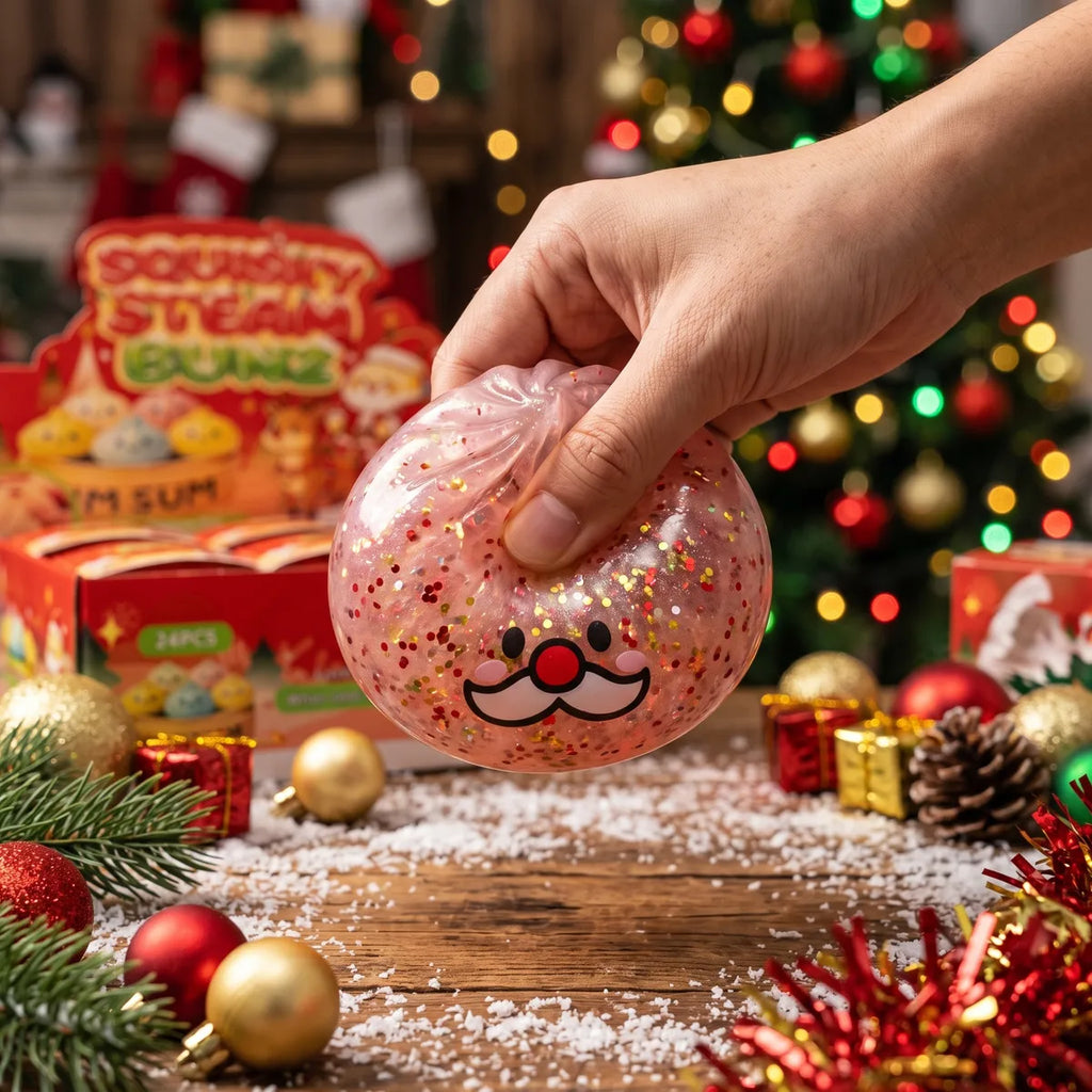 Hand squeezing the Cheery Mystery Santa Mustache Dumpling Squishy so the glitter swirls inside