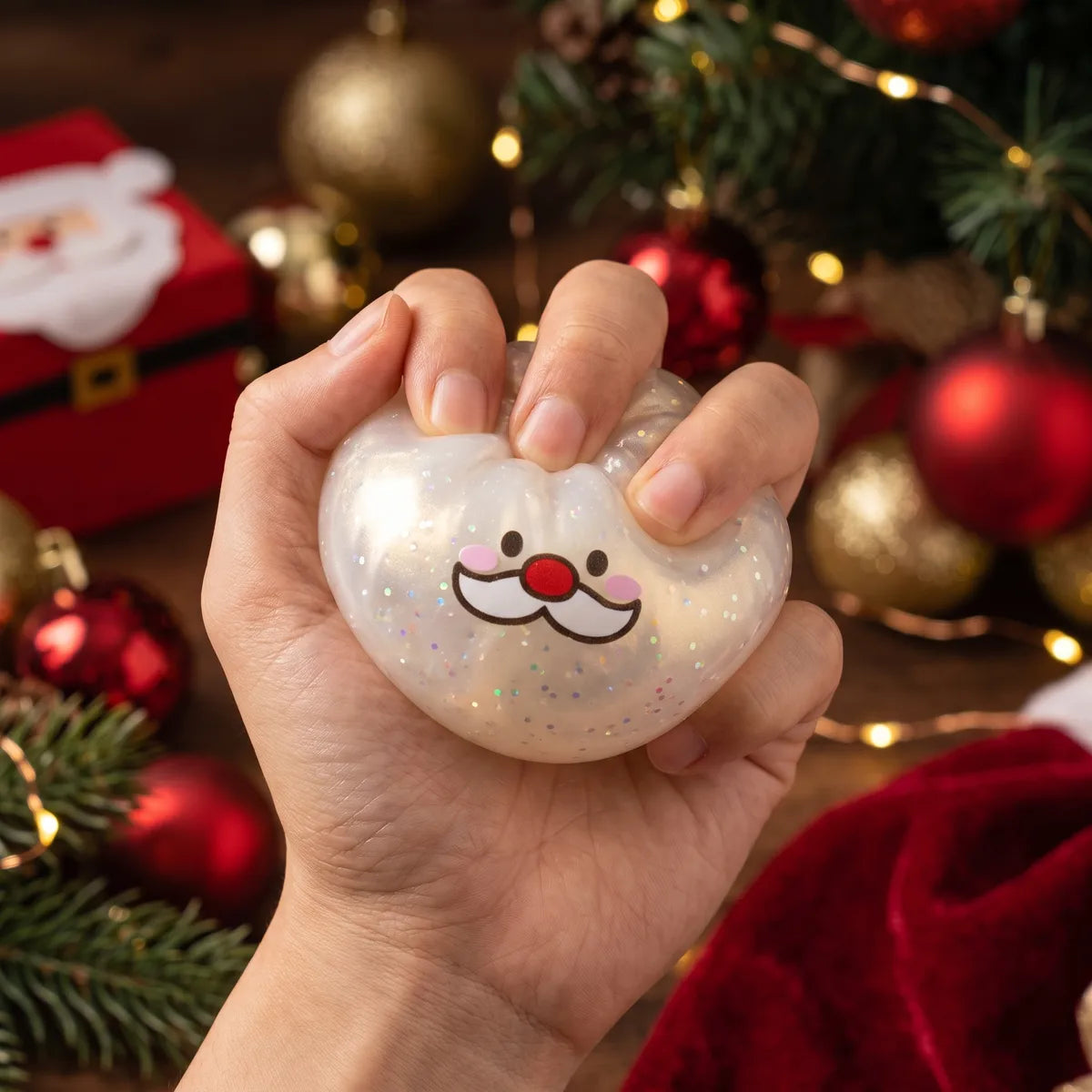 Hand squeezing the Cheery Mystery Santa Mustache Dumpling Squishy