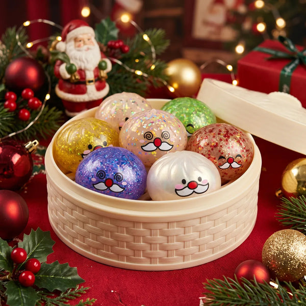 Several Cheery Mystery Santa Mustache Dumpling Squishy pieces inside a round steamer basket