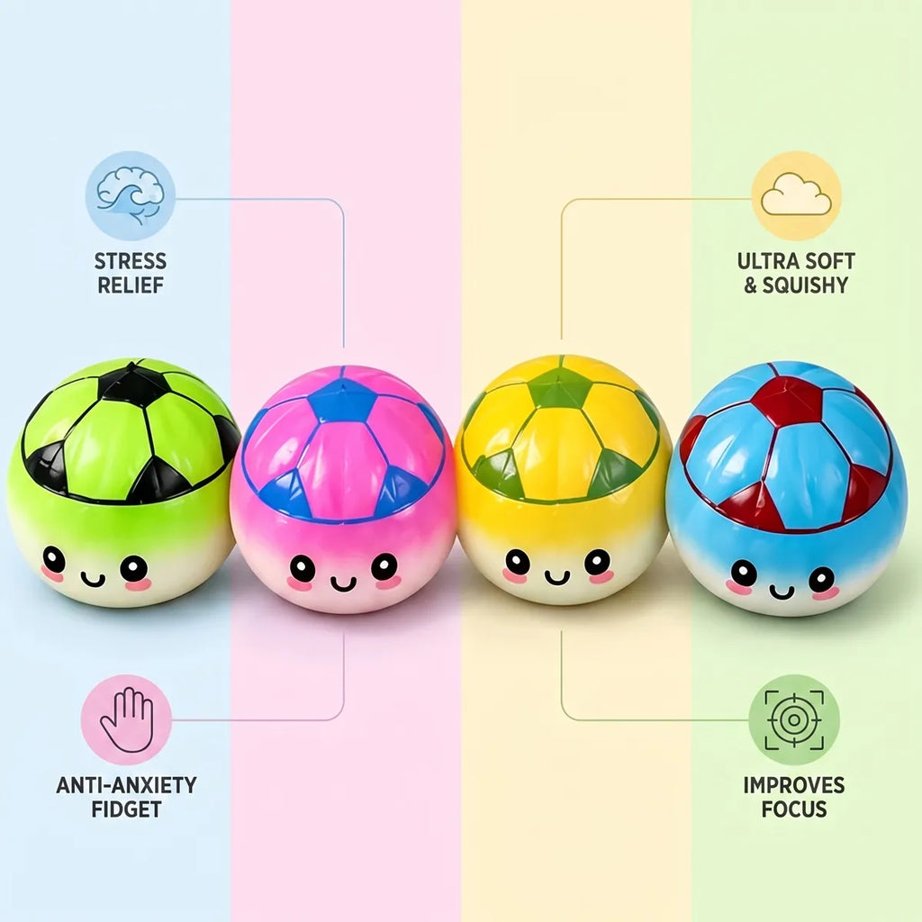 Mystery soccer dumpling squishy size guide infographic with dimensions