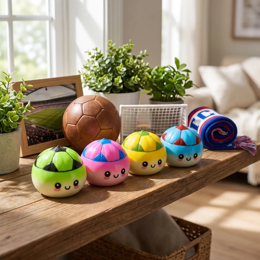 Mystery soccer dumpling squishy displayed with bamboo steamer