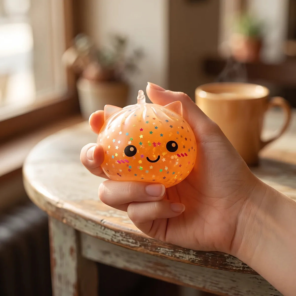 Person squeezing a sparkle unicorn dumpling squishy as a stress relief fidget toy