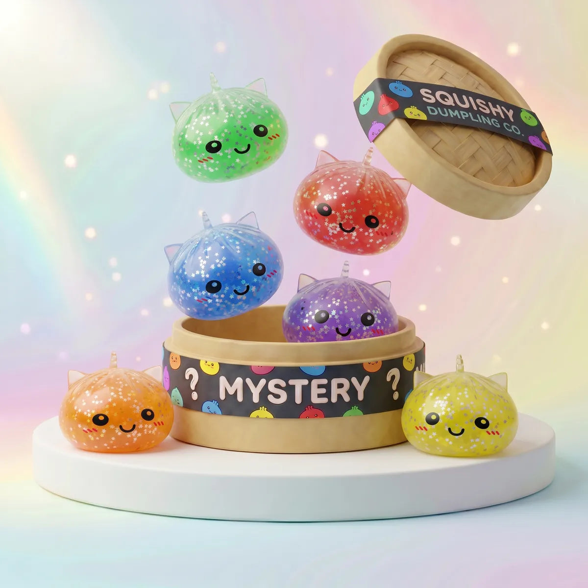 Six star glitter unicorn dumpling squishies in green red blue purple orange and yellow spilling from a mystery bamboo steamer box Main image
