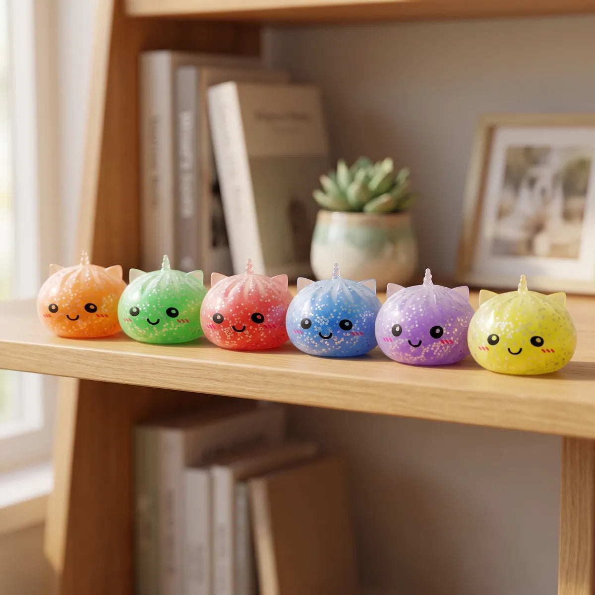 Sparkle unicorn dumpling squishies styled in a pastel rainbow lifestyle scene