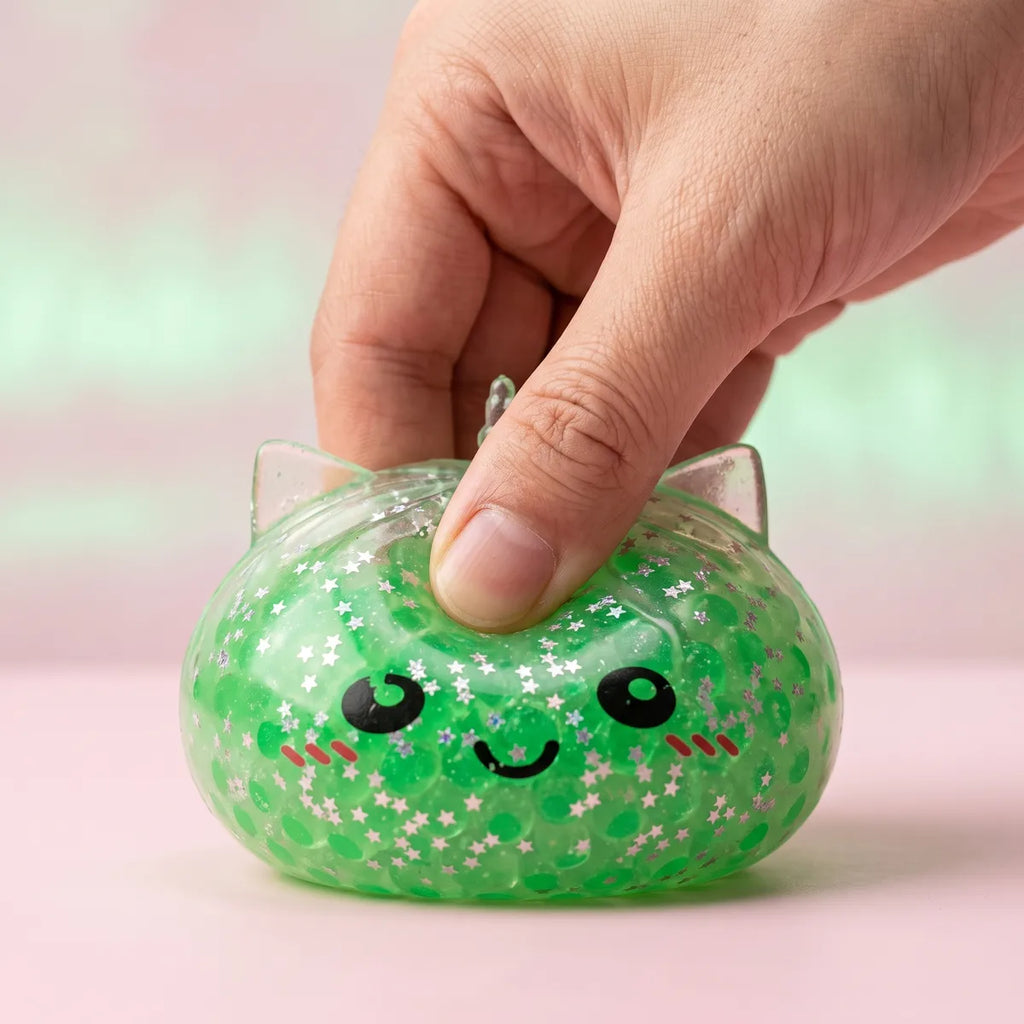 Close up squeeze showing the silver star glitter suspended inside the unicorn dumpling squishy