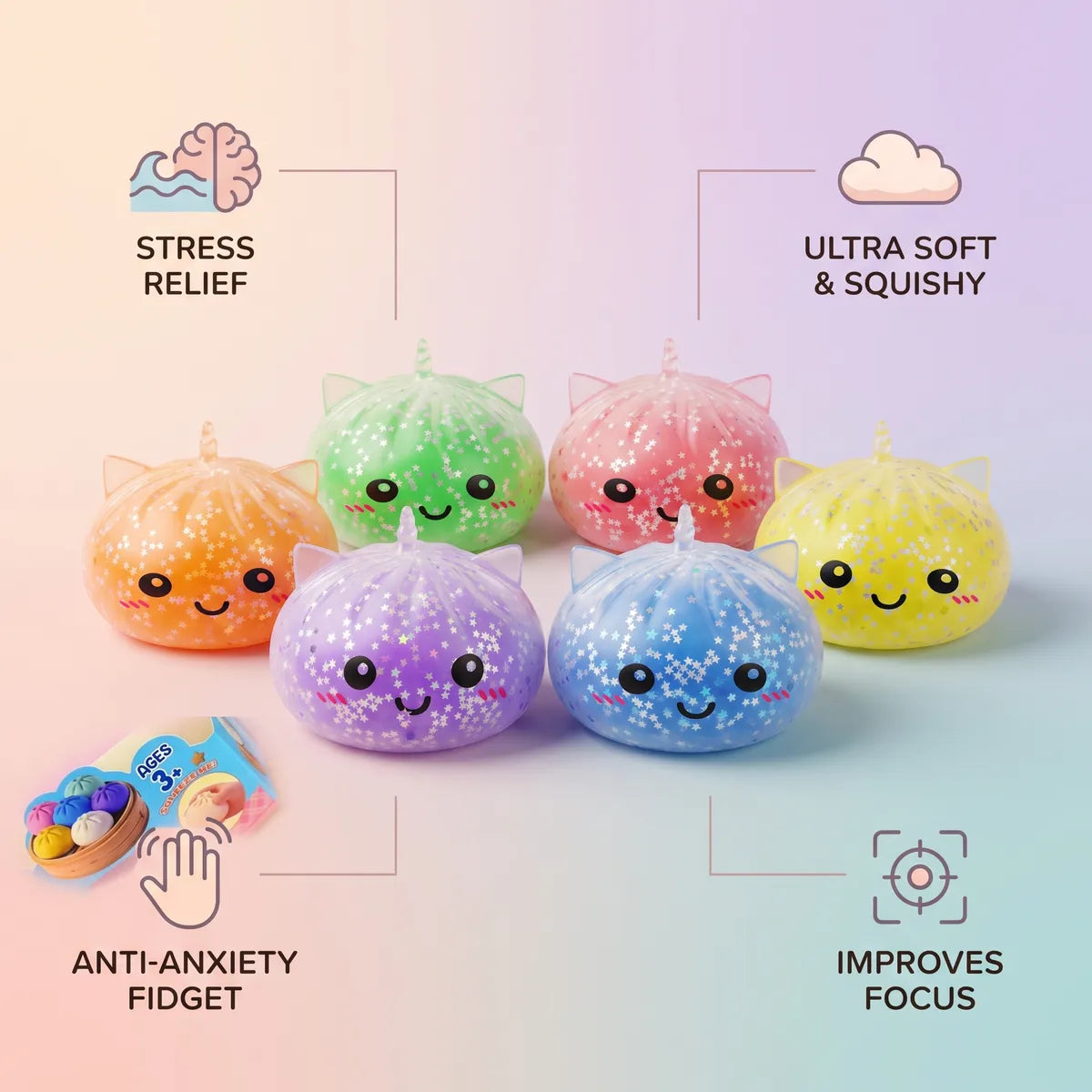Mystery sparkle unicorn dumpling squishies with stress relief focus and anti anxiety fidget benefit icons