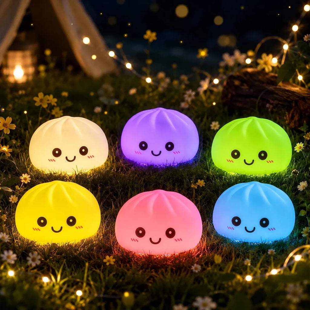 Mystery squishy dumpling night light glowing softly in a dark room