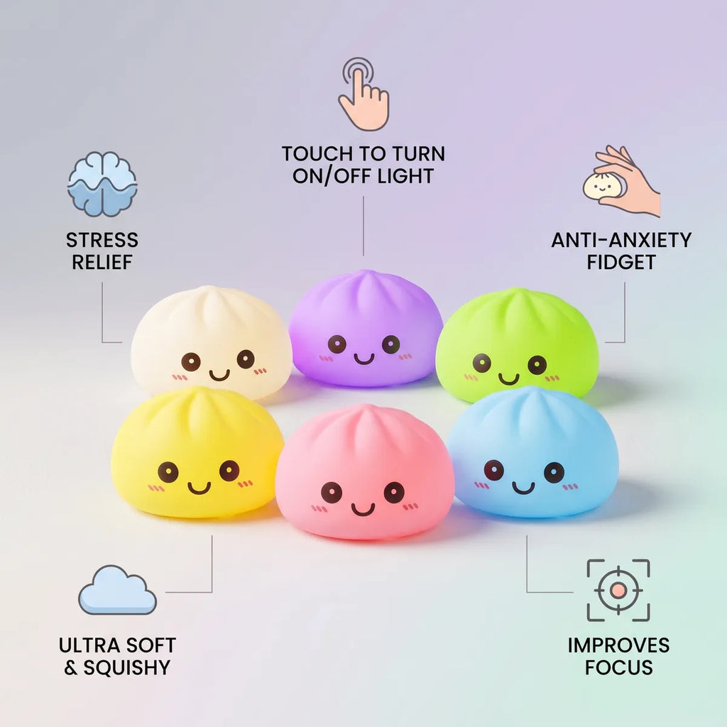 Mystery squishy dumpling night light size guide infographic with dimensions
