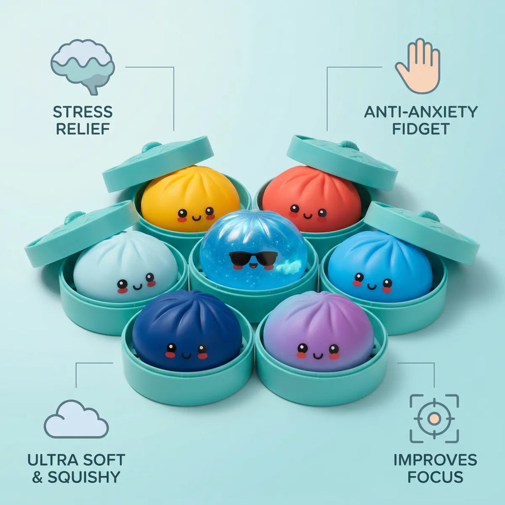 Mystery summer dumpling squishy size guide infographic with dimensions