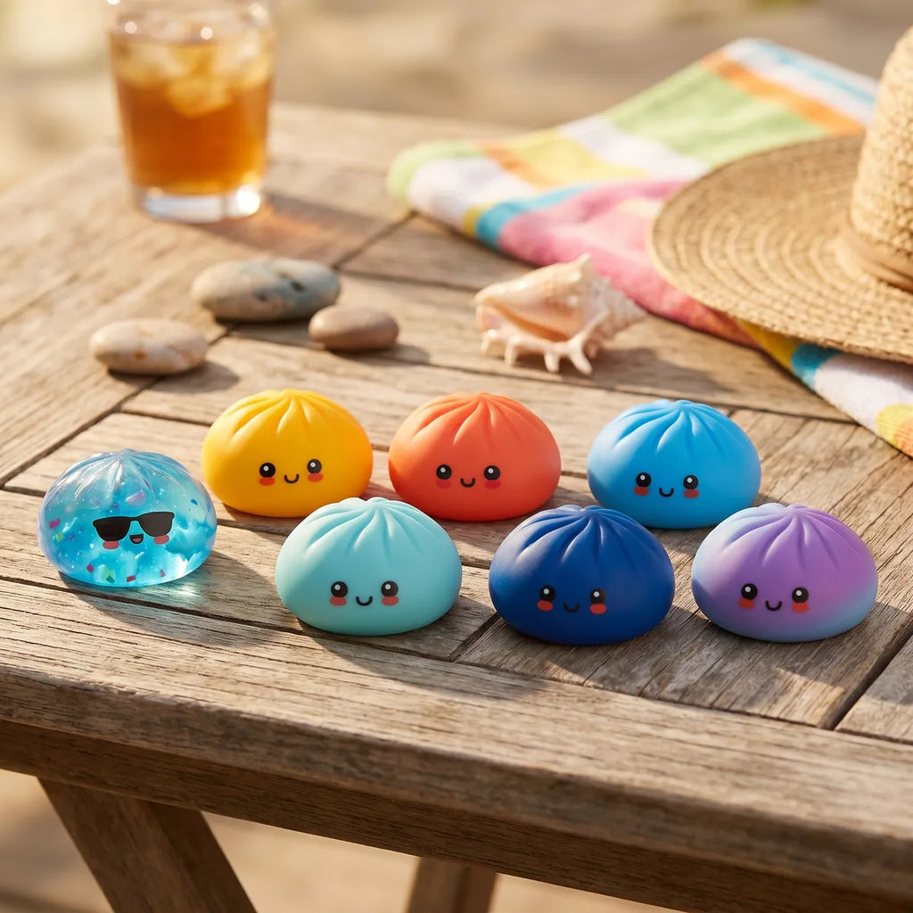 Mystery summer dumpling squishy displayed with bamboo steamer