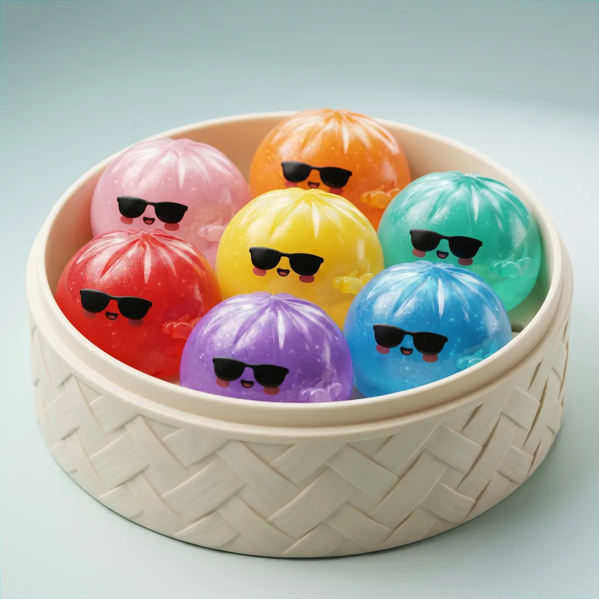 Macro close-up of the mystery sunglasses dumpling squishy texture