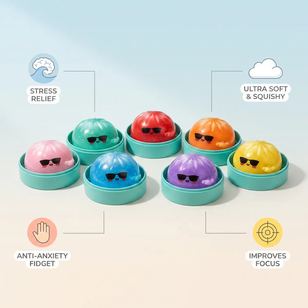 Mystery sunglasses dumpling squishy size guide infographic with dimensions