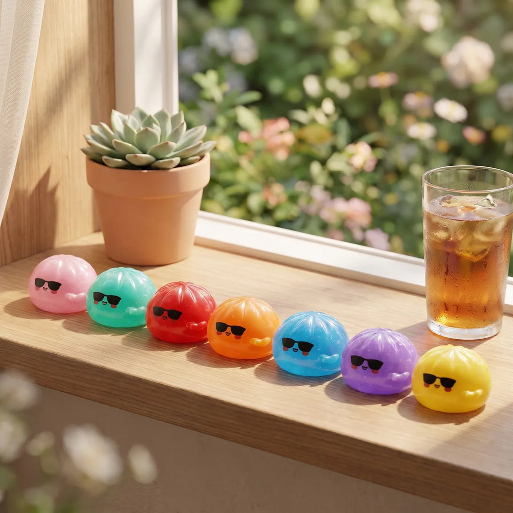 Mystery sunglasses dumpling squishy displayed with bamboo steamer