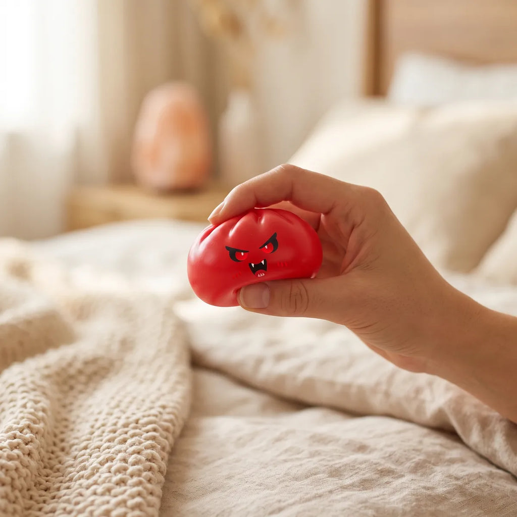 Person squeezing a mystery vampire dumpling squishy as a Halloween fidget toy