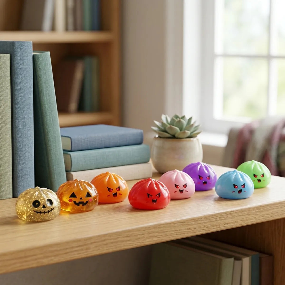 Mystery vampire dumpling squishies styled in a haunted house Halloween scene