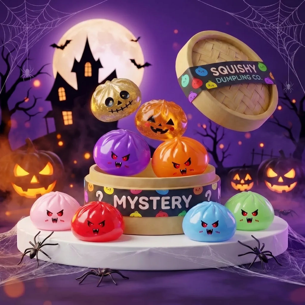 Crimson mystery vampire dumpling squishies spilling from a Mystery steamer box on Halloween night