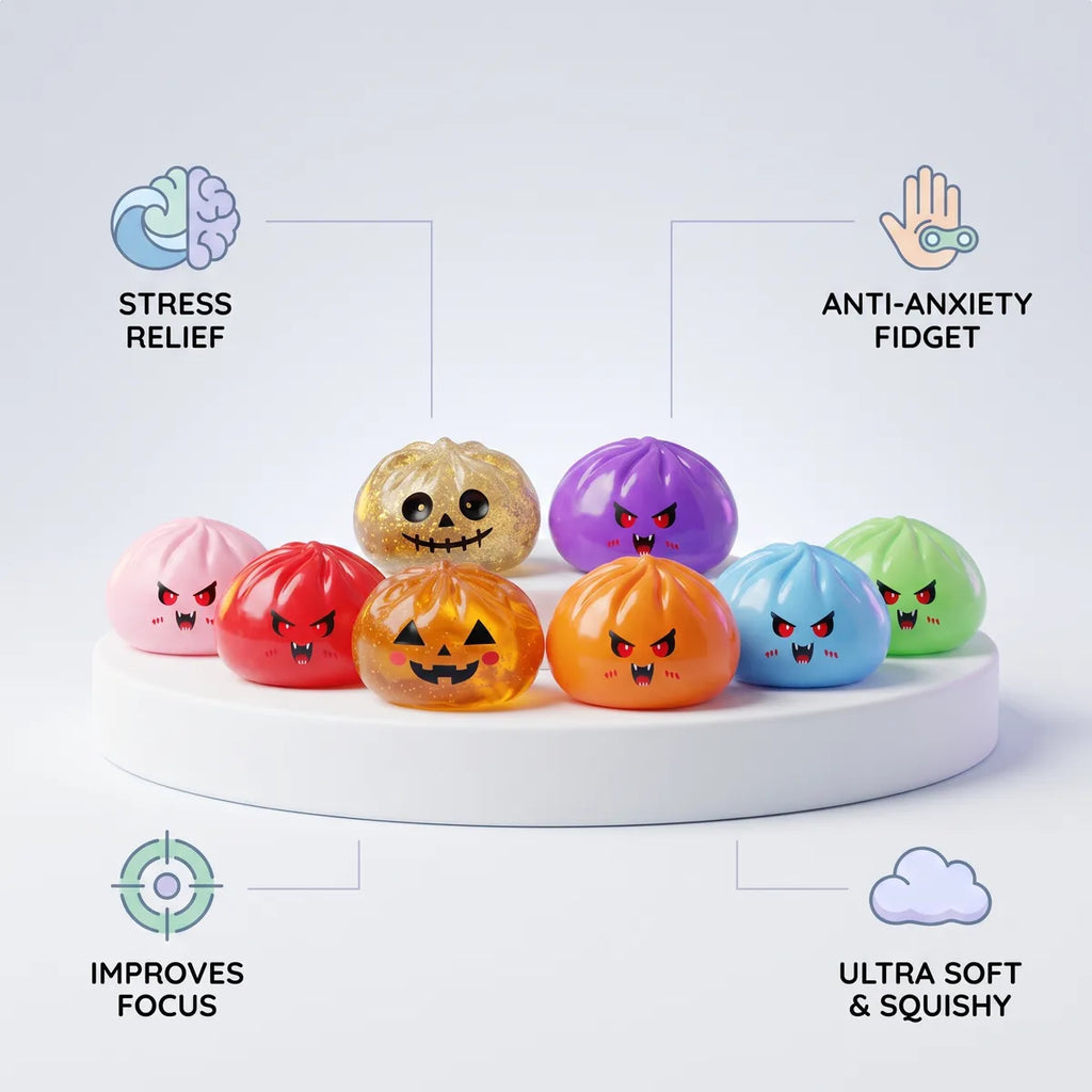 Infographic listing the stress relief benefits of the mystery vampire dumpling squishy