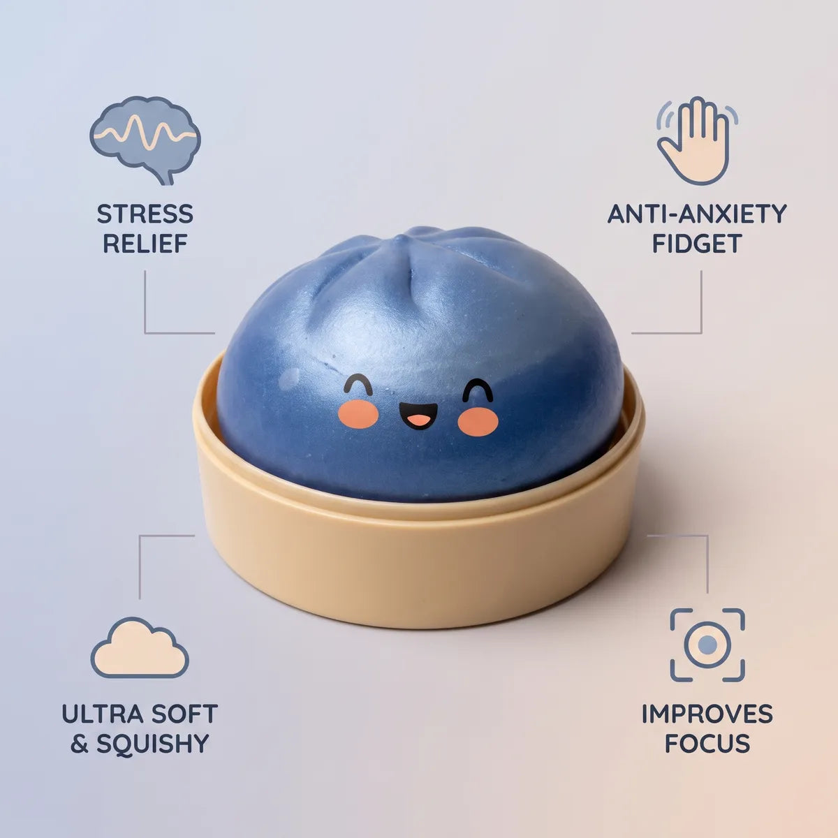 Navy blue dumpling squishy features and benefits overview