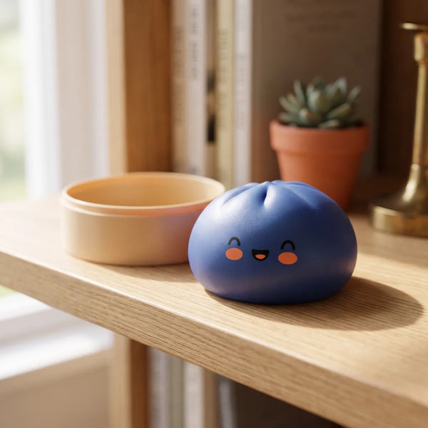 Navy blue dumpling squishy styled in a cozy lifestyle setting