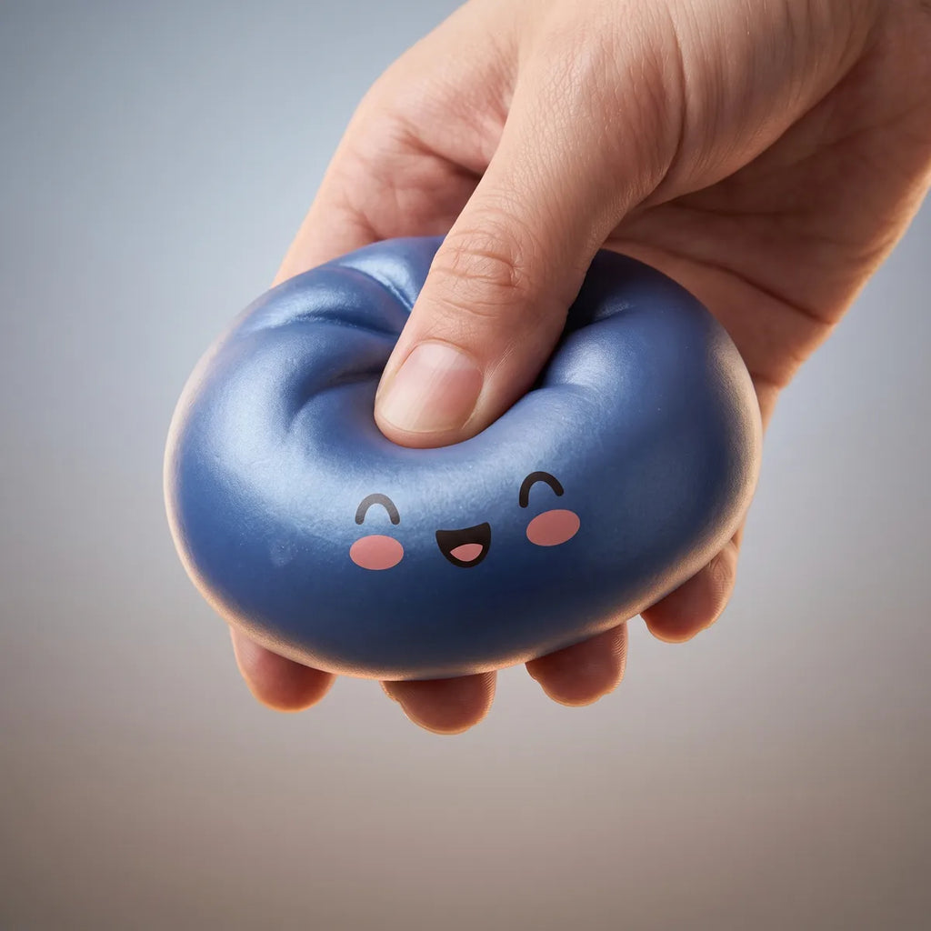 Hand squeezing a navy blue dumpling squishy