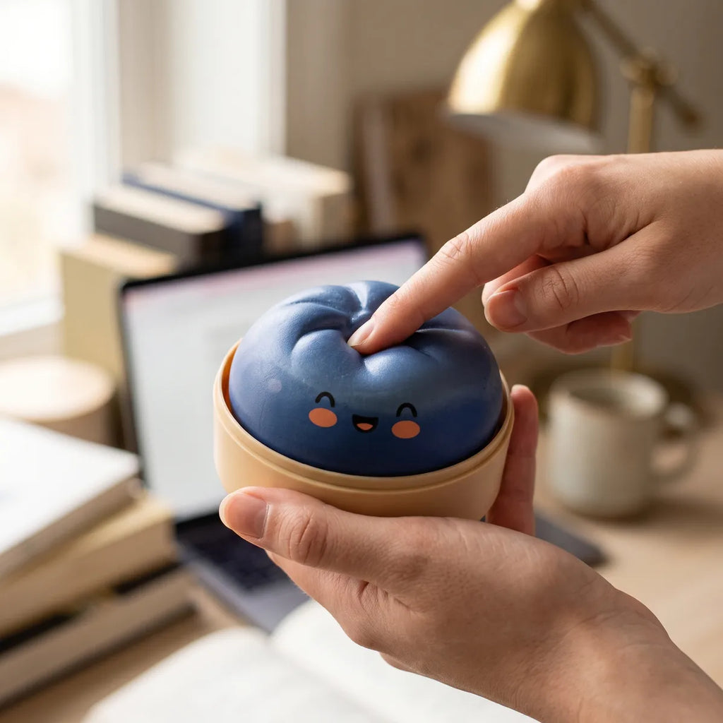 Person using a navy blue dumpling squishy for stress relief