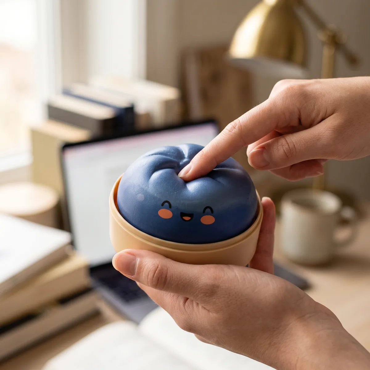 Person using a navy blue dumpling squishy for stress relief