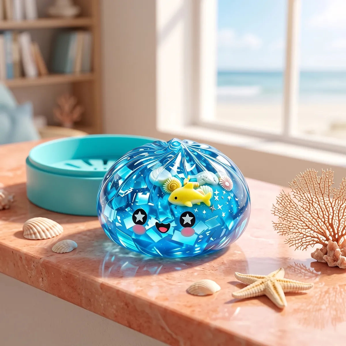 Ocean glitter dumpling squishy styled on a beach scene with coral and starfish