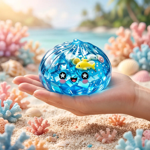 Hand holding the 10 cm ocean glitter dumpling squishy to show its size