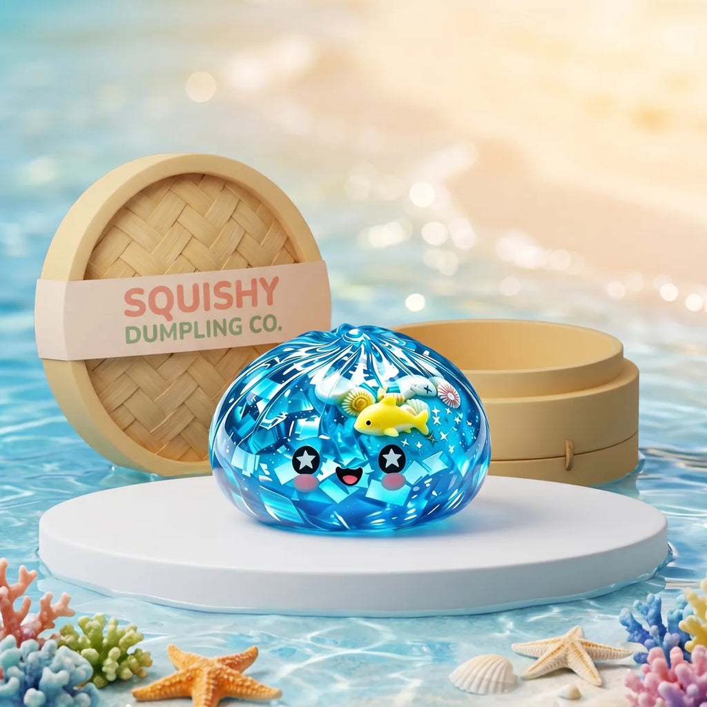 Ocean glitter dumpling squishy with a fish and shells sealed inside on a beach podium