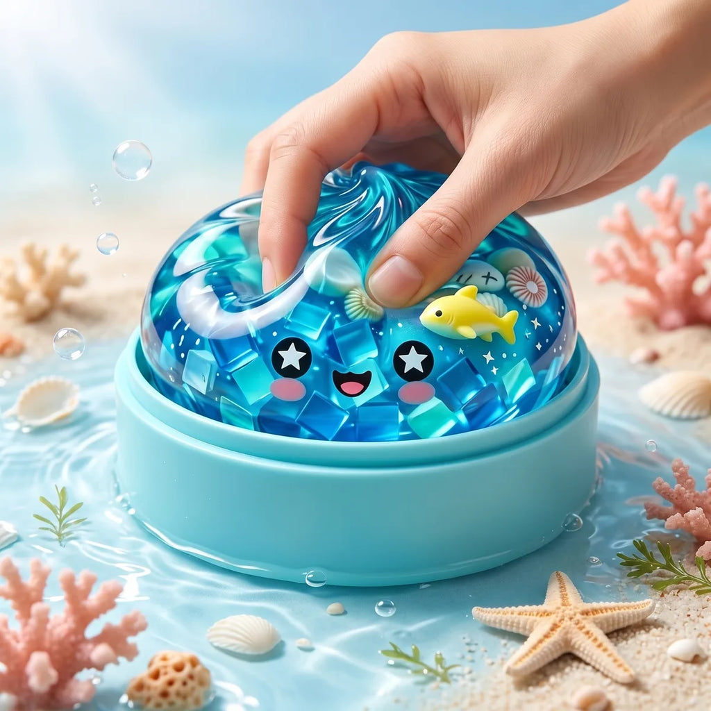 Hand squeezing the ocean glitter dumpling squishy to show its slow water rise