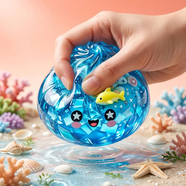 Close up squeeze of the ocean glitter dumpling squishy showing the aqua glitter gel
