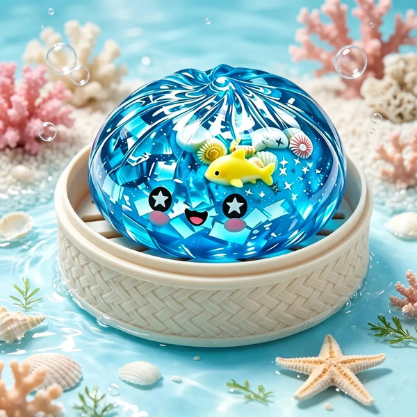 Ocean glitter dumpling squishy resting in its bamboo steamer box by the water