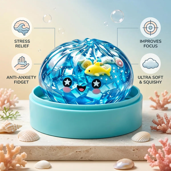 Infographic listing the stress relief benefits of the ocean glitter dumpling squishy