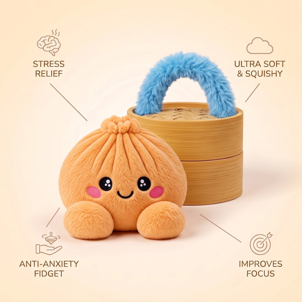 Tangerine Orange Dumpling Squishy Plush infographic: stress relief, ultra soft and squishy, anti-anxiety fidget, improves focus