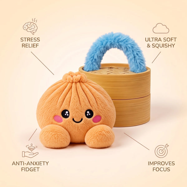 Tangerine Orange Dumpling Squishy Plush infographic: stress relief, ultra soft and squishy, anti-anxiety fidget, improves focus